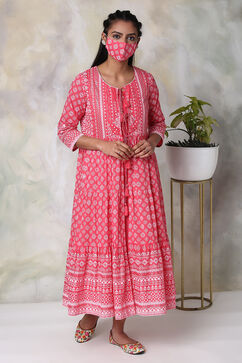 Pink Cotton Double Layered Printed Kurta Dress image number 4