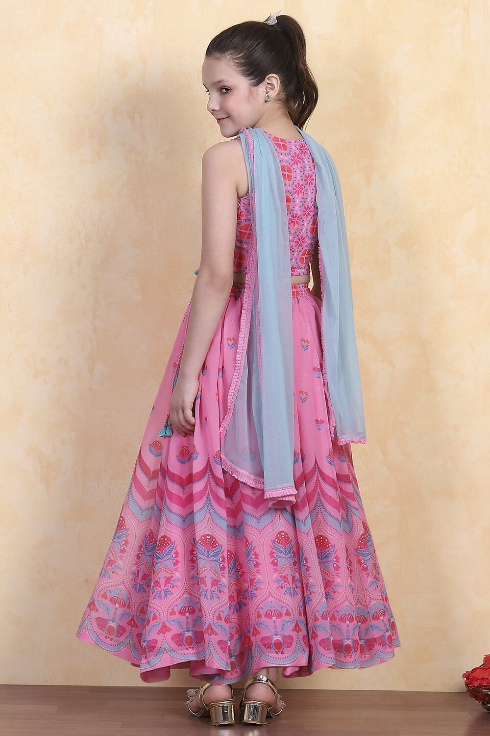 Pink Printed Flared Lehenga Set image number 5