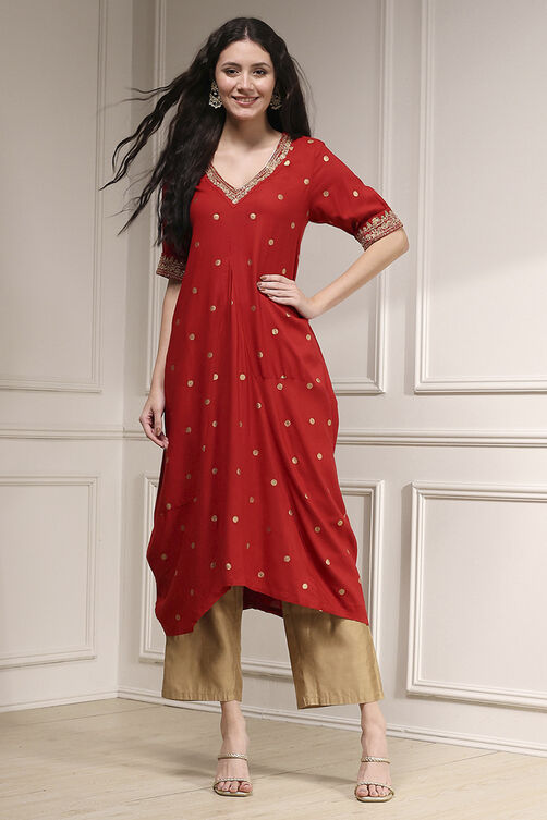 Red Printed Asymmetric A-Line Kurta image number 5