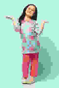 Blue Cotton Viscose Straight Printed 2 Piece Set image number 0