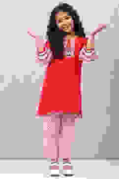 Red Rayon Flared Printed Kurta Set image number 6