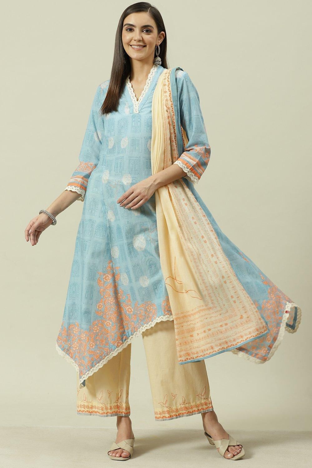 biba Pale Blue Cotton Kalidar Kurta Palazzo Suit SetPale Blue Cotton Kalidar Kurta Palazzo Suit Set-picture-98