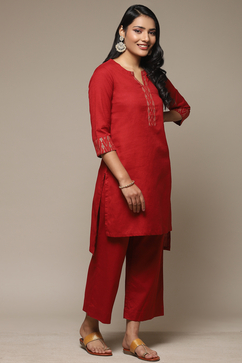 Red Cotton Blend Straight Kurta Palazzo Suit Set image number 5