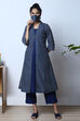 Indigo Art Silk Fusion Kurta Relaxed Pant Suit Set image number 5