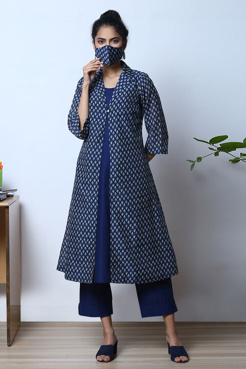Indigo Art Silk Fusion Kurta Relaxed Pant Suit Set image number 5