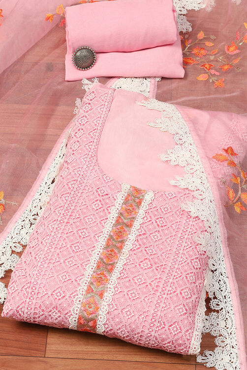 Light Pink Muslin Lace Unstitched Suit Set image number 0