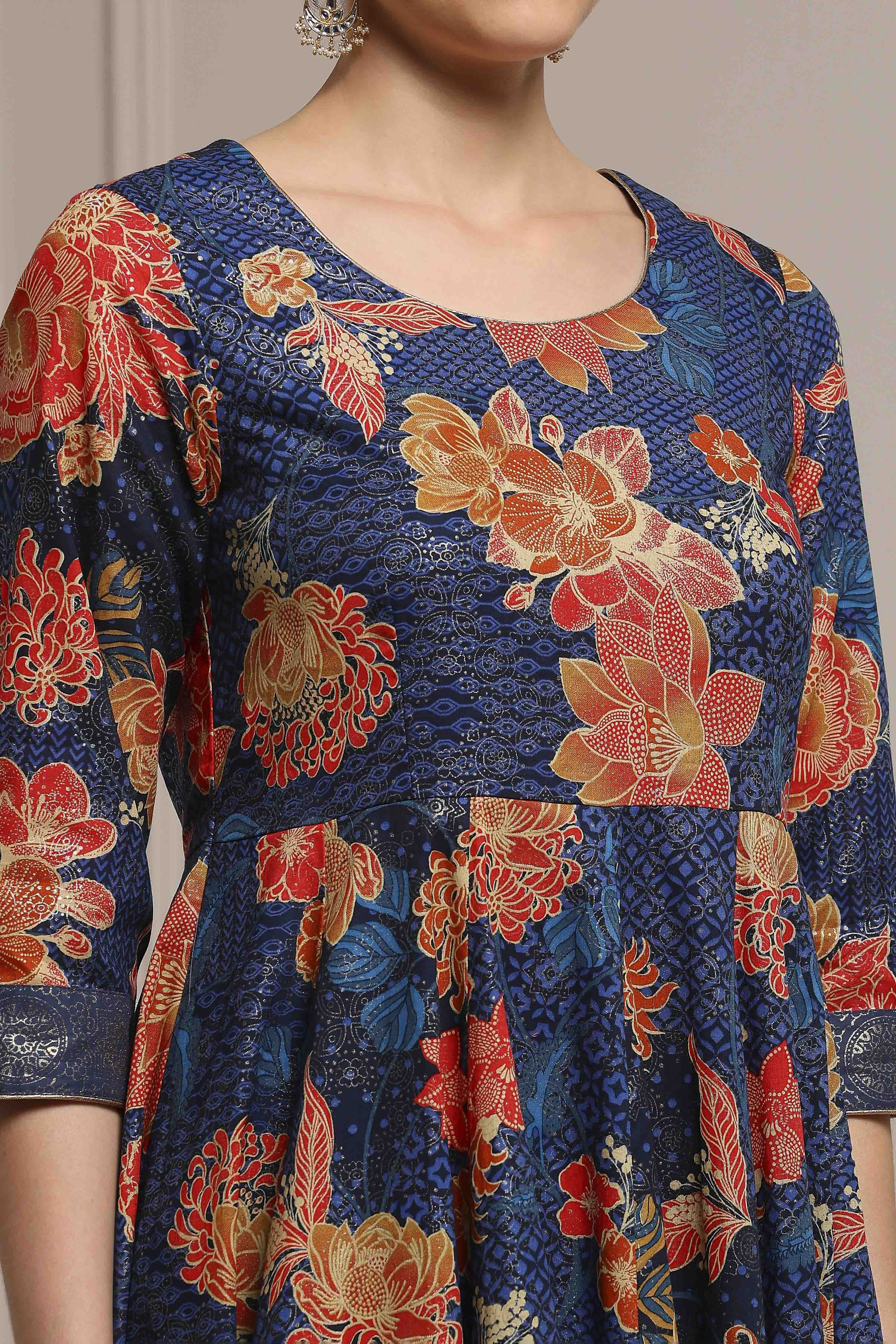 Navy Cotton Anarkali Printed Suit Set image number 1