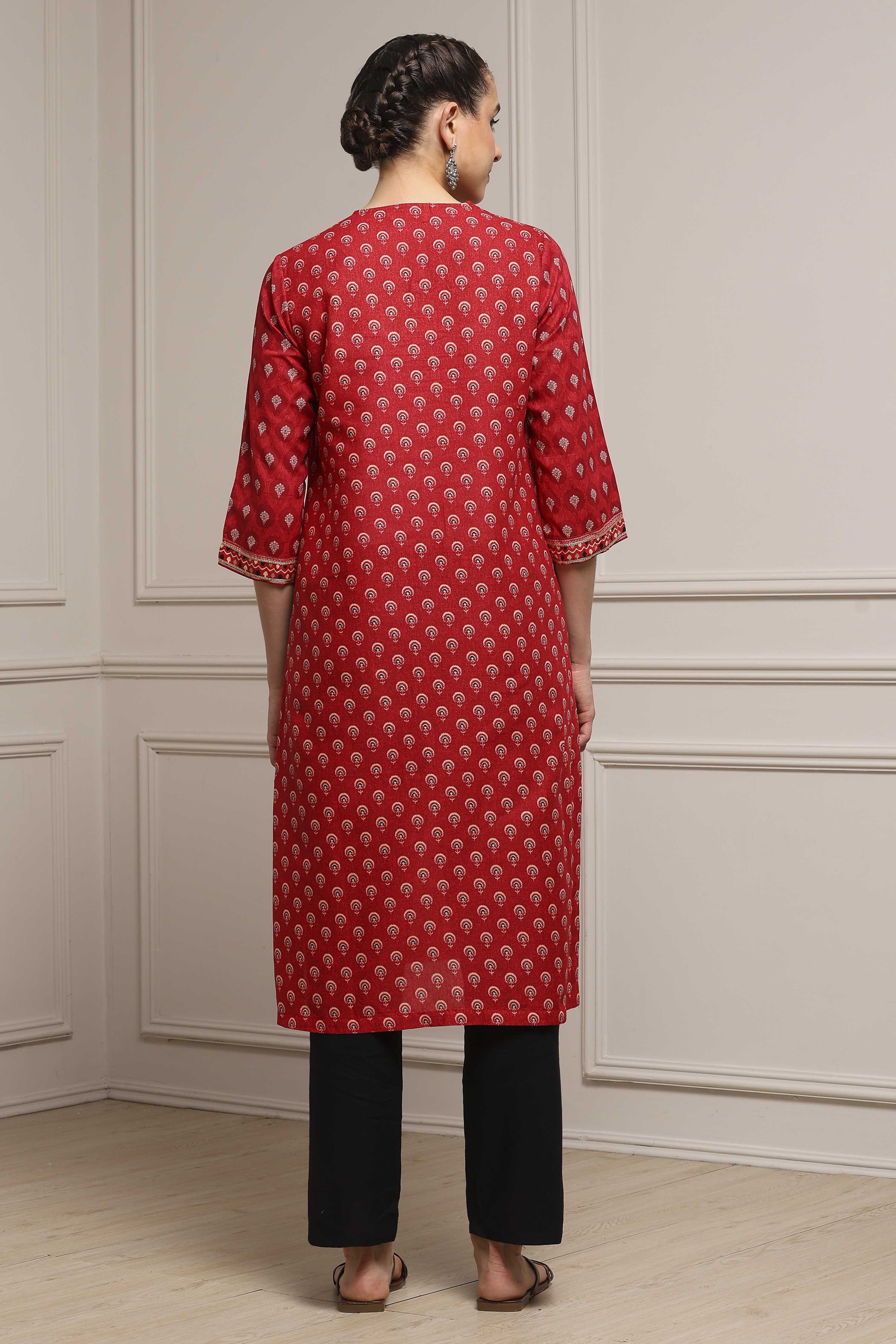 Red Cotton Straight Printed Kurta image number 3