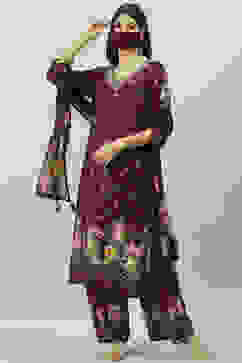 Wine Rayon Printed Straight Pant Kurta Palazzo Suit Set image number 6