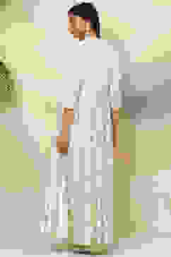 Off White Cotton Flared Printed Dress image number 4