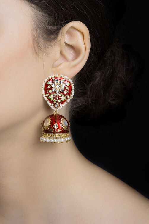 Red  Earrings Jhumkis With Pearls image number 0