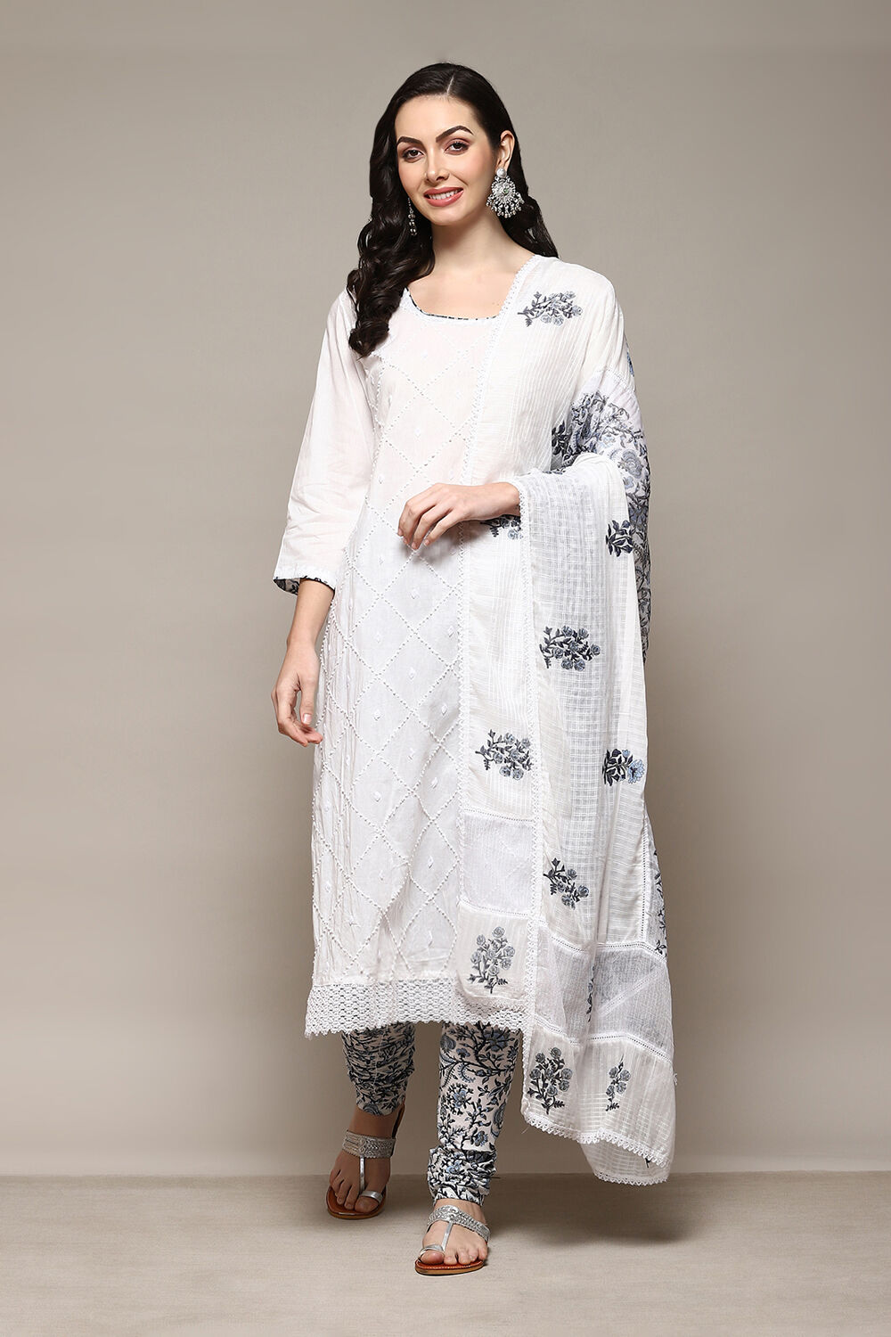 White Cotton Handloom Unstitched Suit Set image number 8