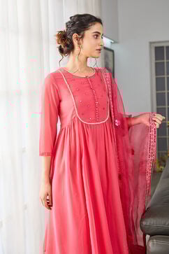 Pink Embroidered Gathered Kurta & Palazzo Suit Set image number 8