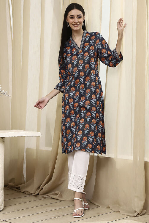 Blue Cotton Printed Straight Kurta image number 6