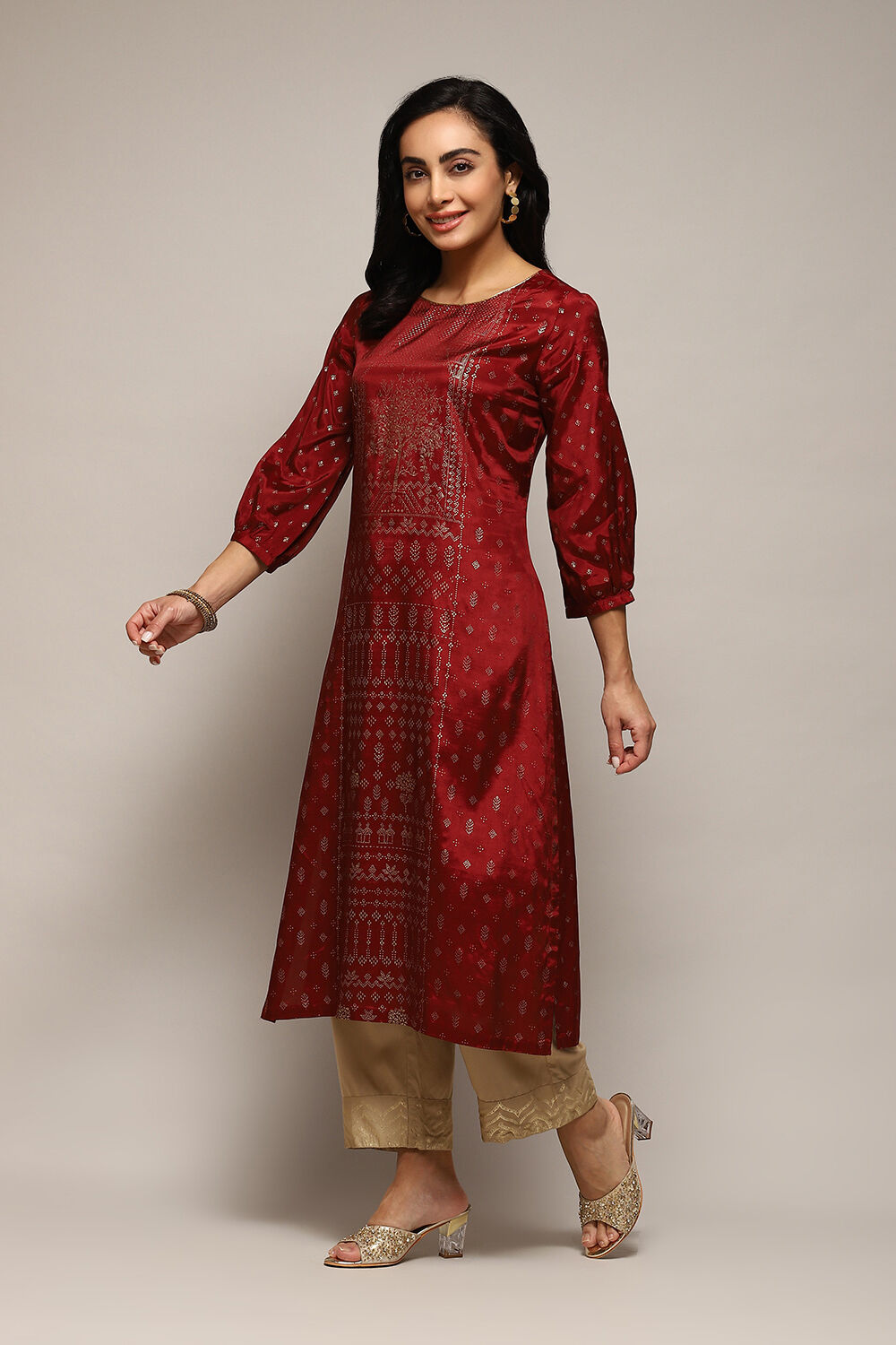 Green & Maroon Cotton Straight Printed Kurta image number 2
