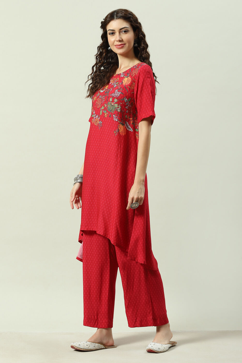 Red Printed LIVA Asymmetric Kurta Palazzo Suit Set image number 0