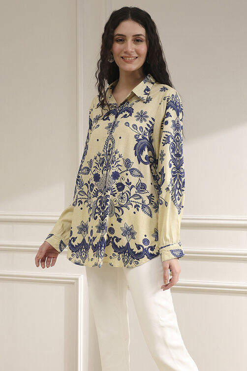Off-White and Blue Printed Relaxed Fit Shirt image number 2
