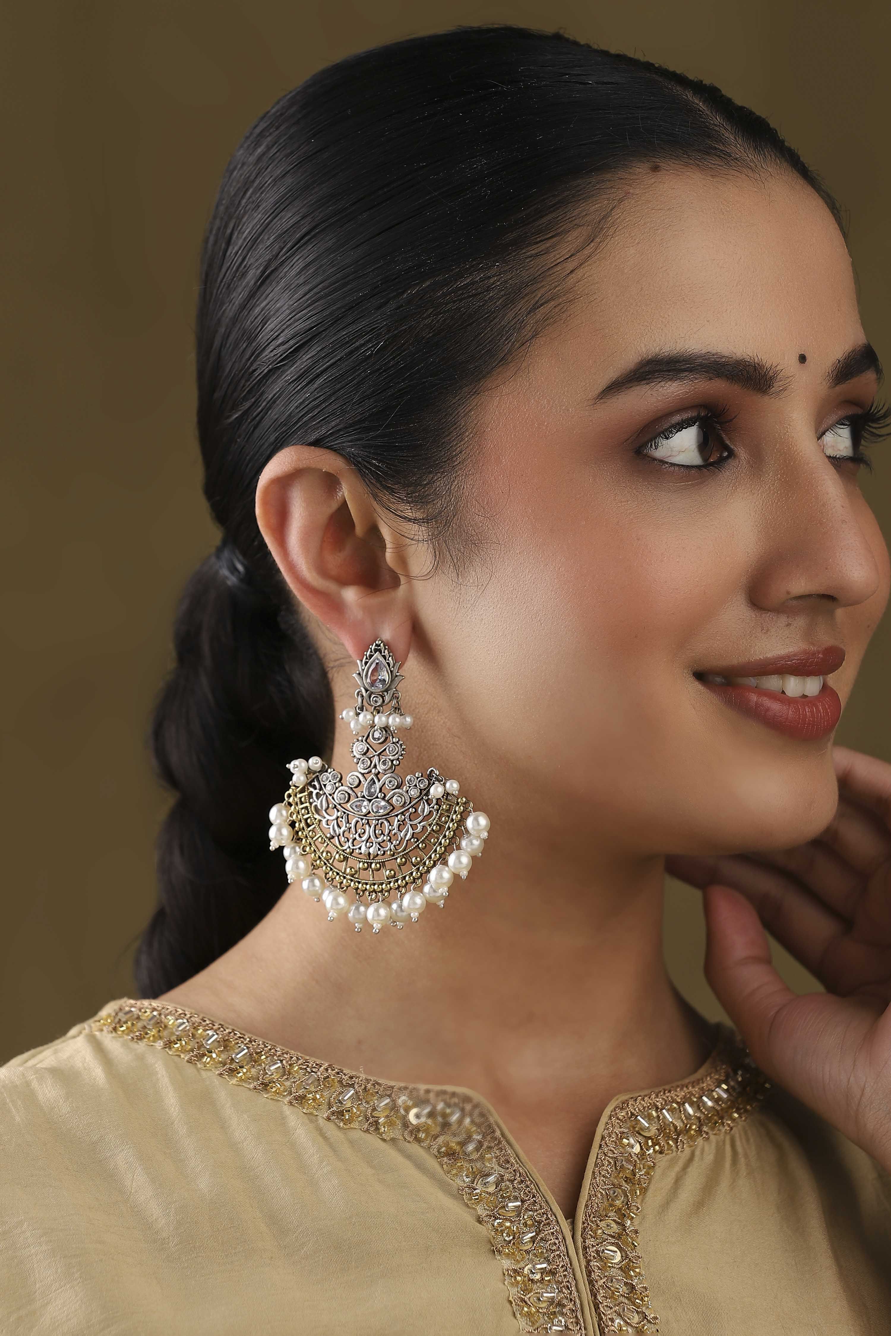 Gold & Silver Toned Oxidised Brass Studded Chandbalis image number 3