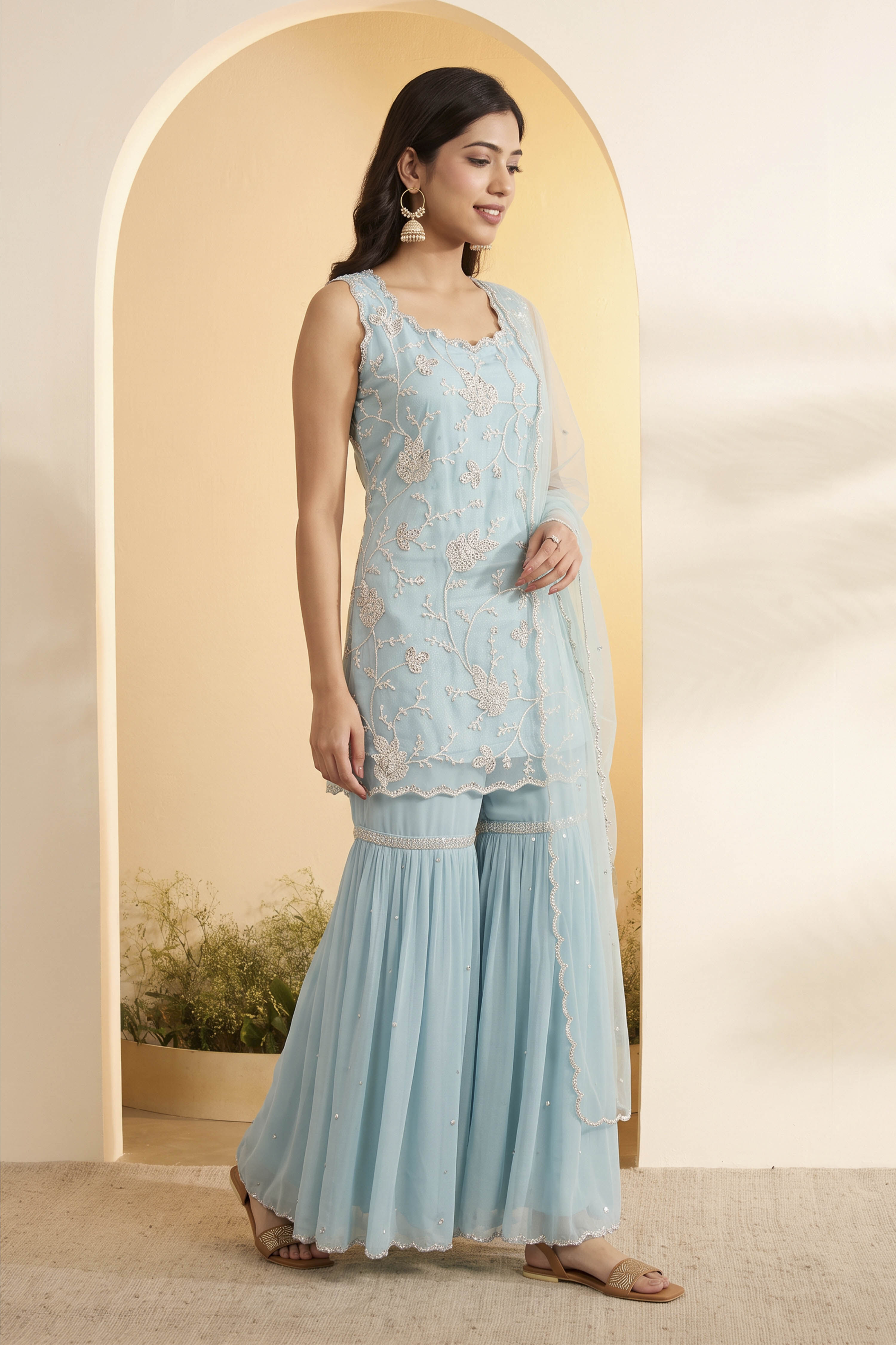 Powder Blue Nylon Embroidered Sharara Set with Net Dupatta image number 3