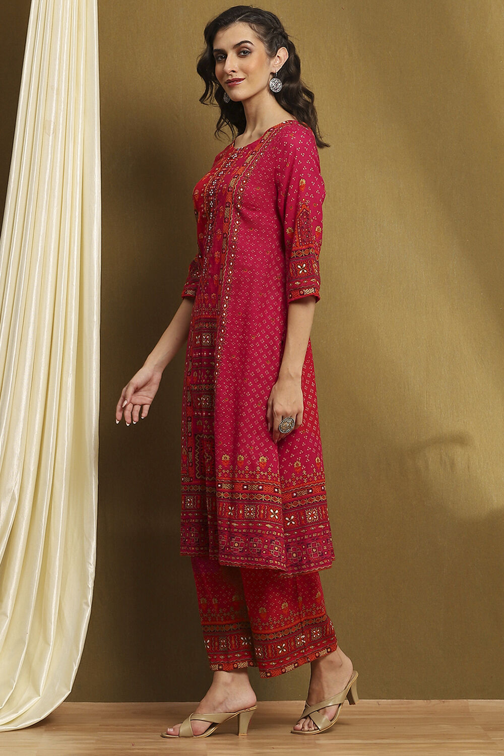 Fuchsia Cotton Printed A-Line Kurta Set image number 3