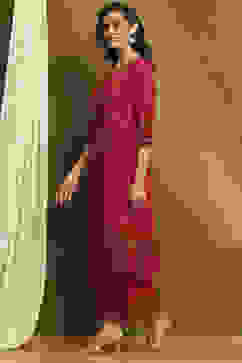 Fuchsia Cotton Printed A-Line Kurta Set image number 3
