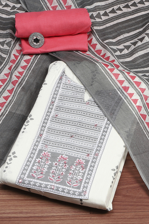 Grey Cotton Printed Embroidered Unstitched Suit Set image number 0