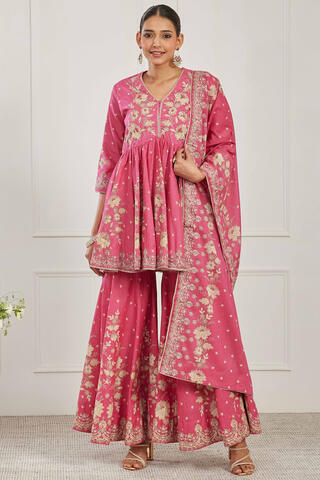 BIBA Printed Cotton Peplum Festive Kurta With Garara And Dupatta in Pink