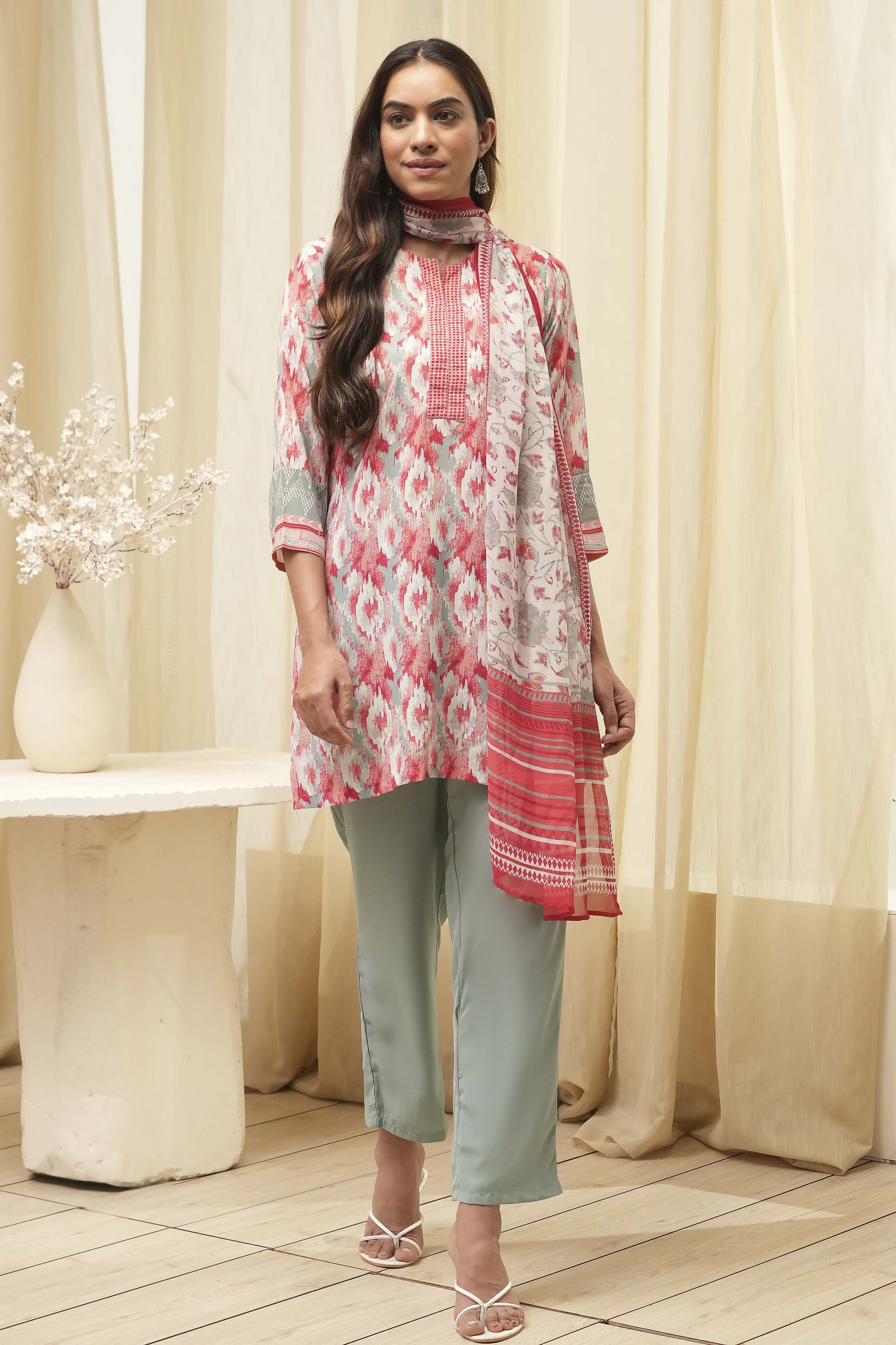 Off White Art Silk Straight Kurta Pant Suit Set image number 6