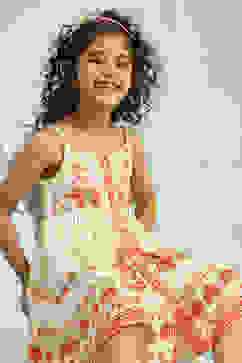 Cream-Colored Floral Gathered Flared Dress image number 6