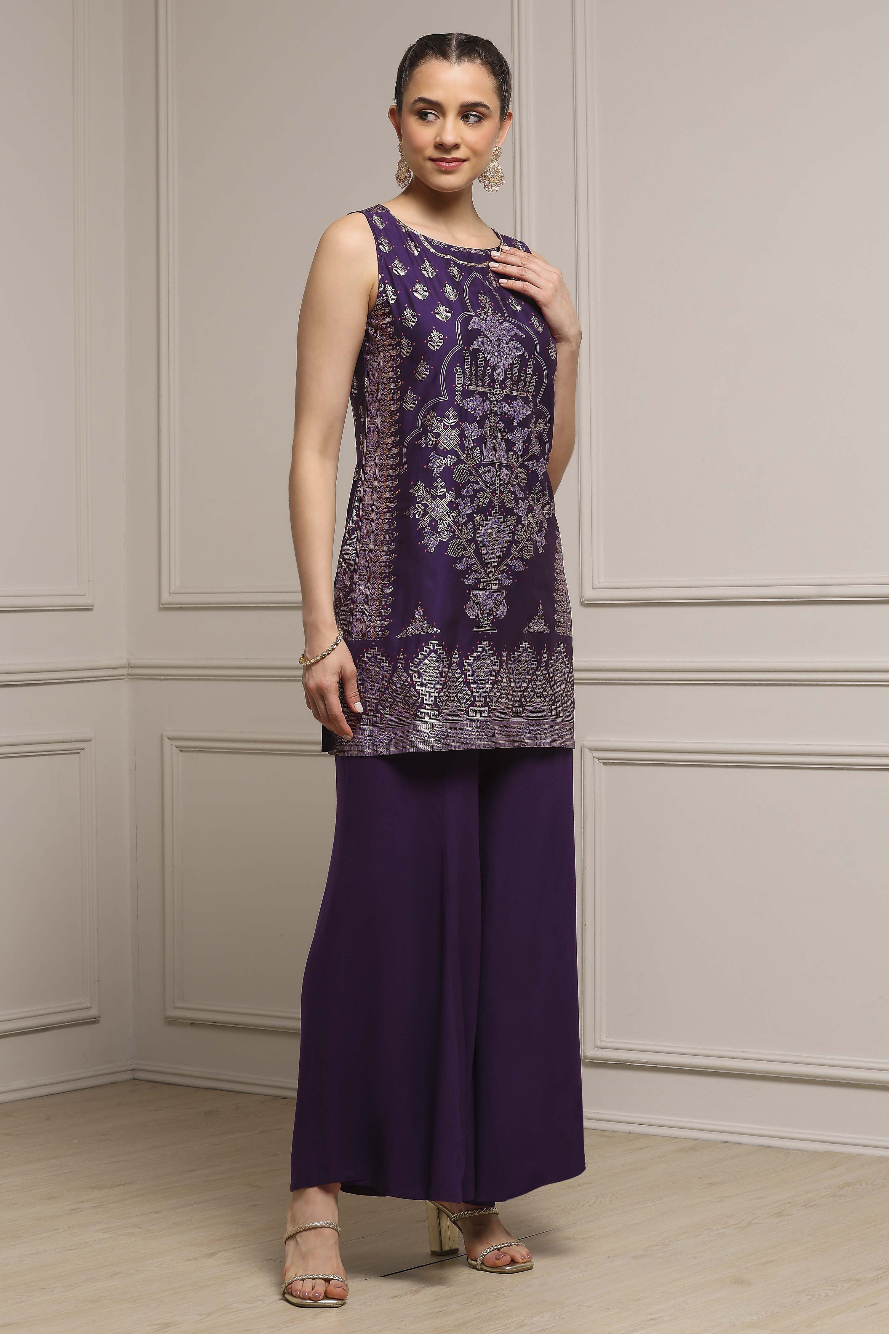 Purple Viscose Blend Straight Printed Kurta Pants Set image number 5