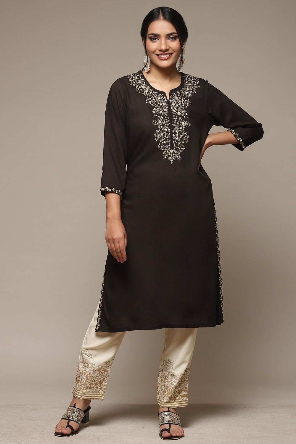 Brown Rayon Straight Kurta Pants Suit Set image number 6