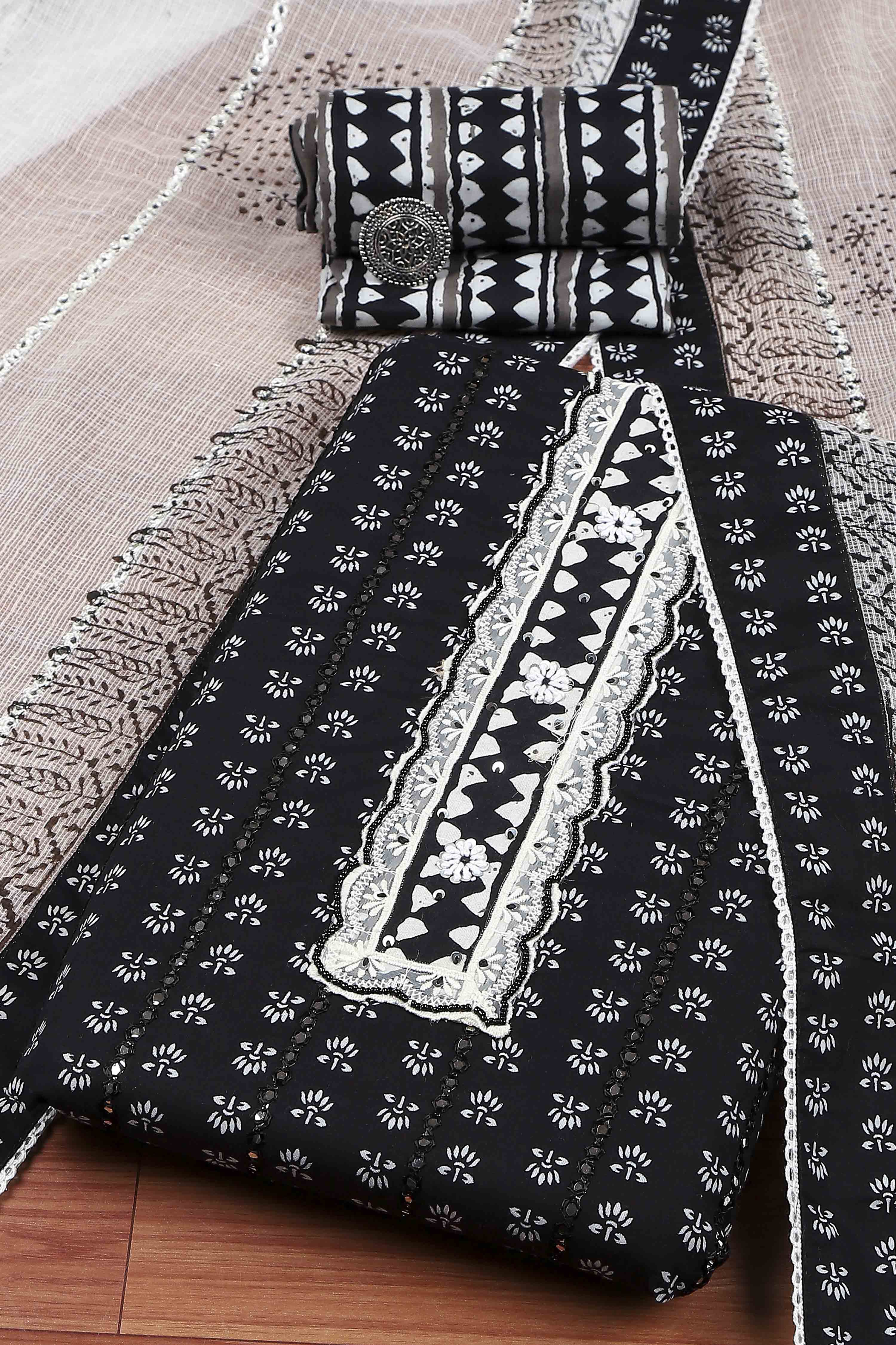 Black Cotton Machine Embroidered Unstitched Suit Set image number 0