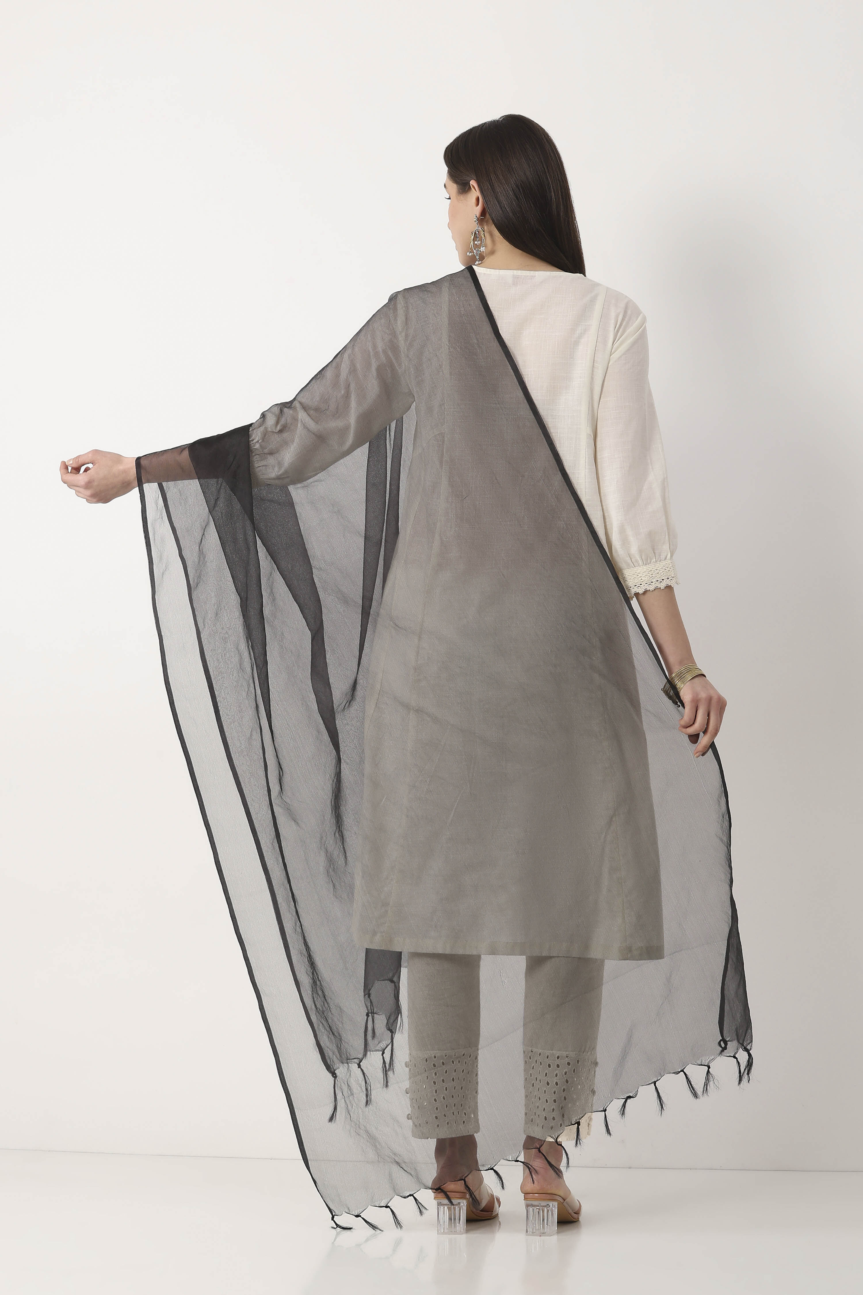 Green Black Nylon Organza Dupatta image number 2