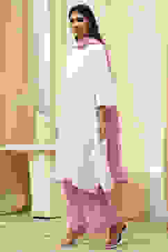 Pink and White Cotton Straight Suit Set image number 3