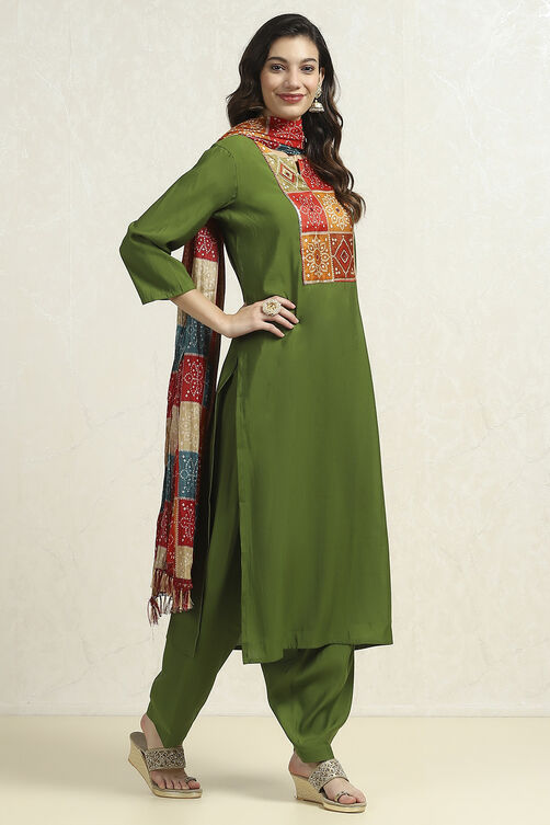 Black Chanderi Jaipuri Work Unstitched Suit Set image number 6