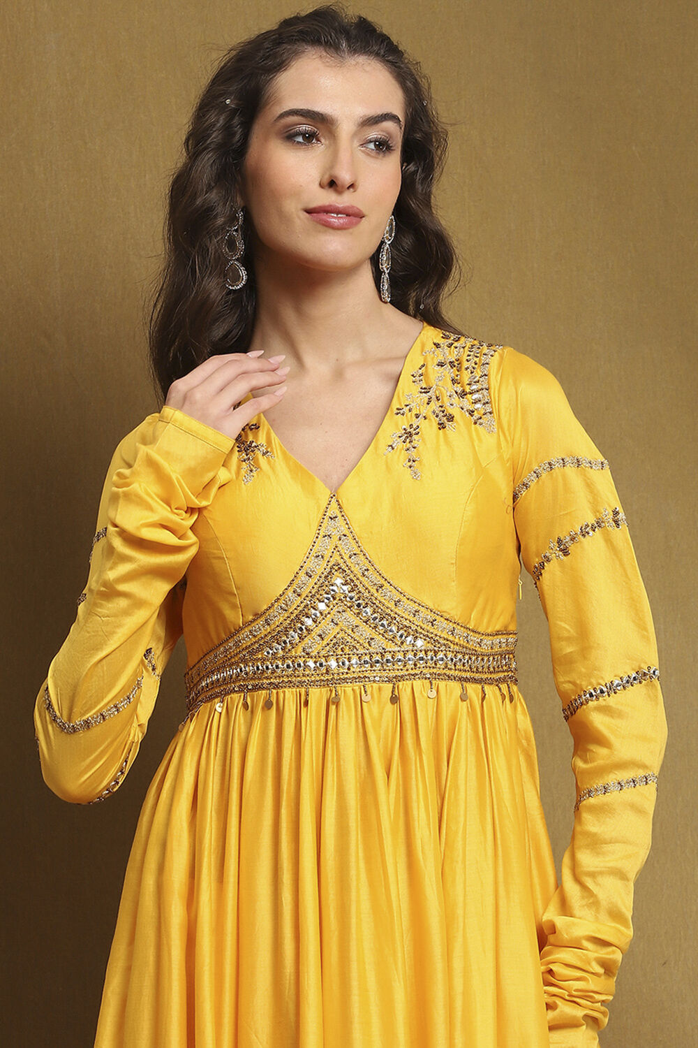 Yellow Silk Chanderi Embroidered Anarkali Suit Set image number 1