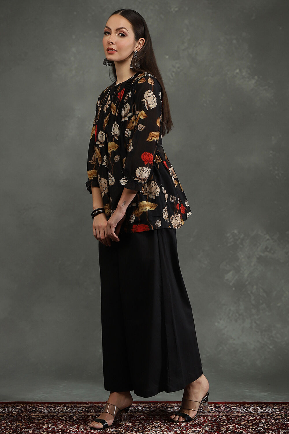 Black Silk Chanderi Floral Printed Gathered Co-ord Set image number 3