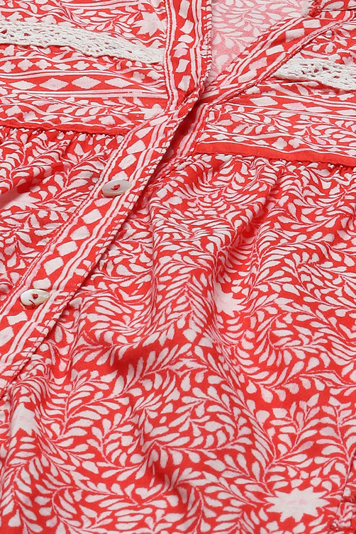 Red Printed Cambric Dress With Front Opening image number 1