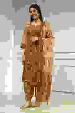 Cream Chanderi Printed Embroidered Unstitched Suit Set image number 4