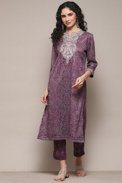 Purple Cotton Blend Printed Straight 2 Piece Set image number 6