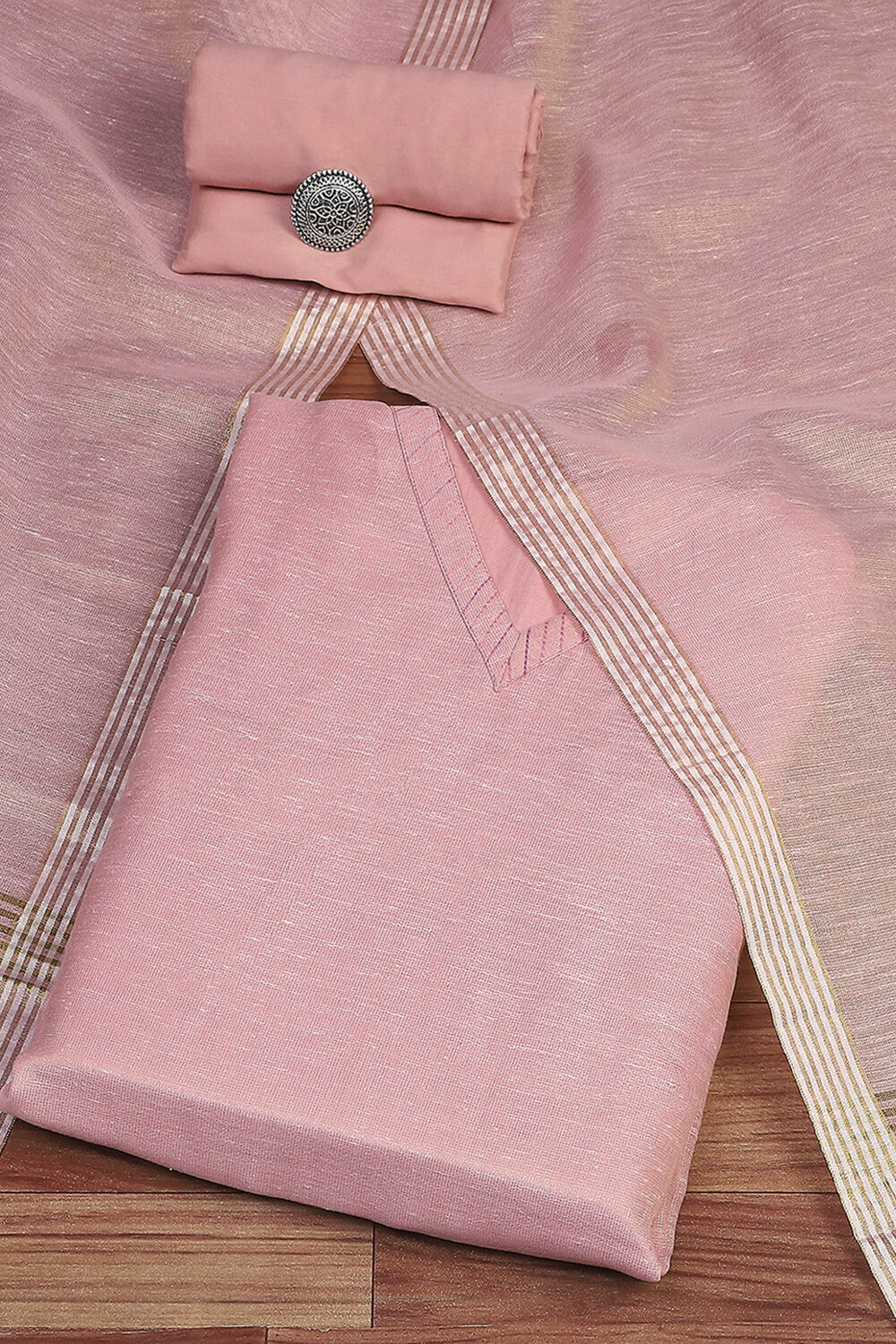 Pink Tissue Hand Embroidered Unstitched Suit Set image number 0