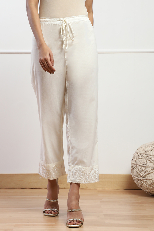 Off White Cotton Regular Solid Palazzo image number 4