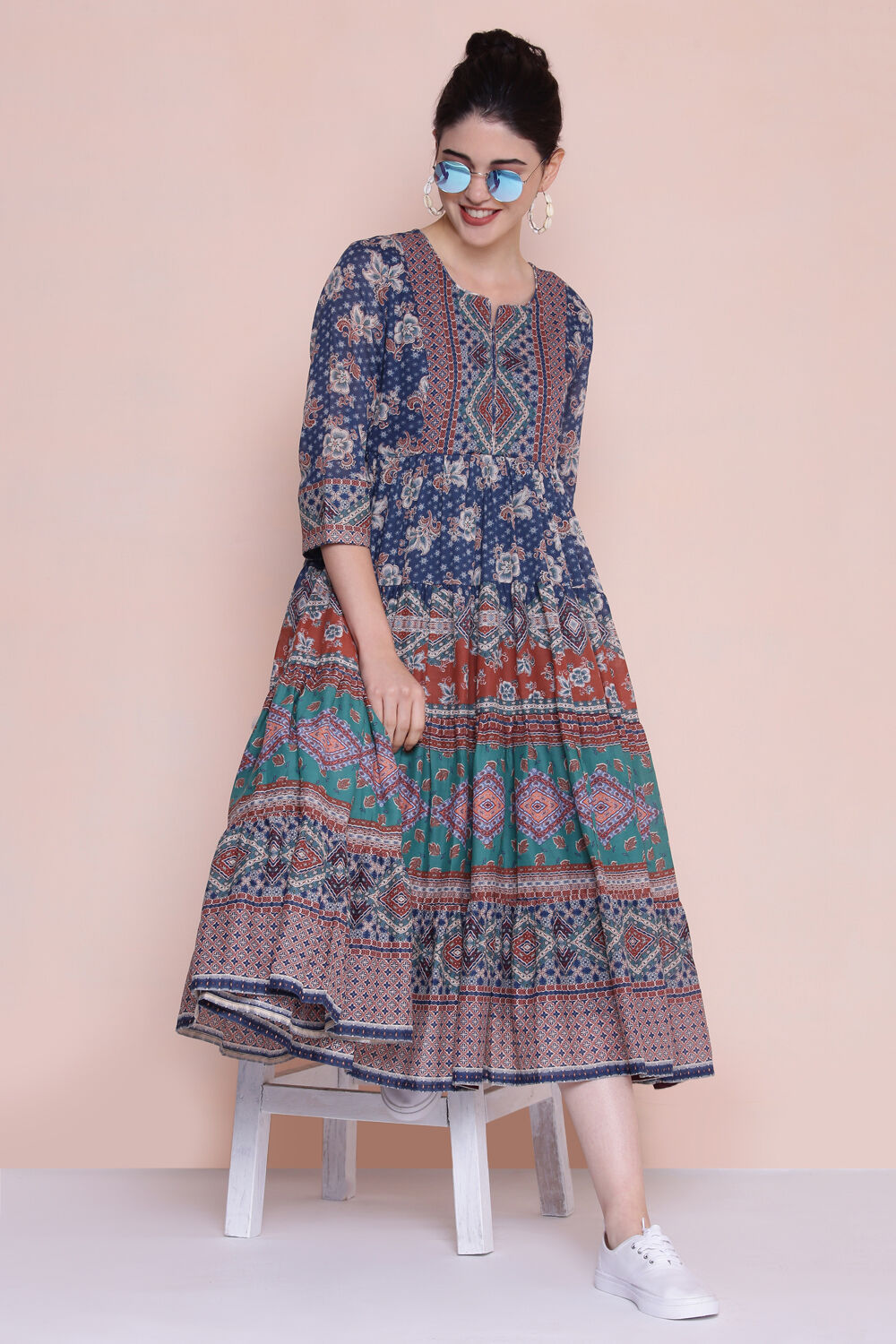 Navy Cotton Tiered Dress image number 0