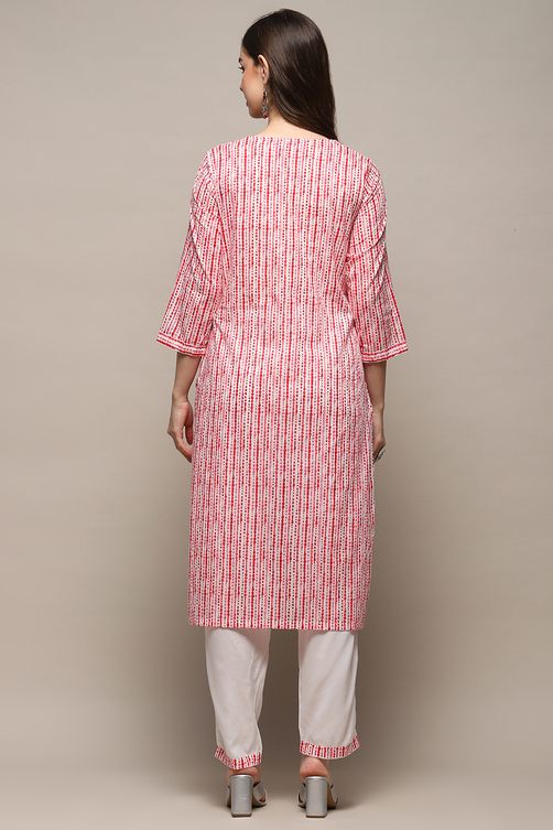White Red Cotton Straight Suit Set image number 5