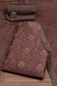 Brown Chanderi Printed Embroidered Unstitched Suit Set image number 0