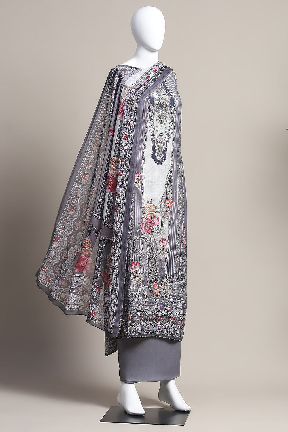 Grey Muslin Unstitched Suit Set image number 0