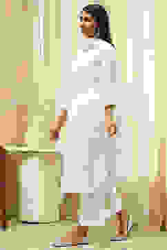 Off White Cotton Straight Embroidered Fusion Set image number 3