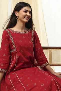 Red Cotton Foil Printed Kalidar Suit Set image number 1