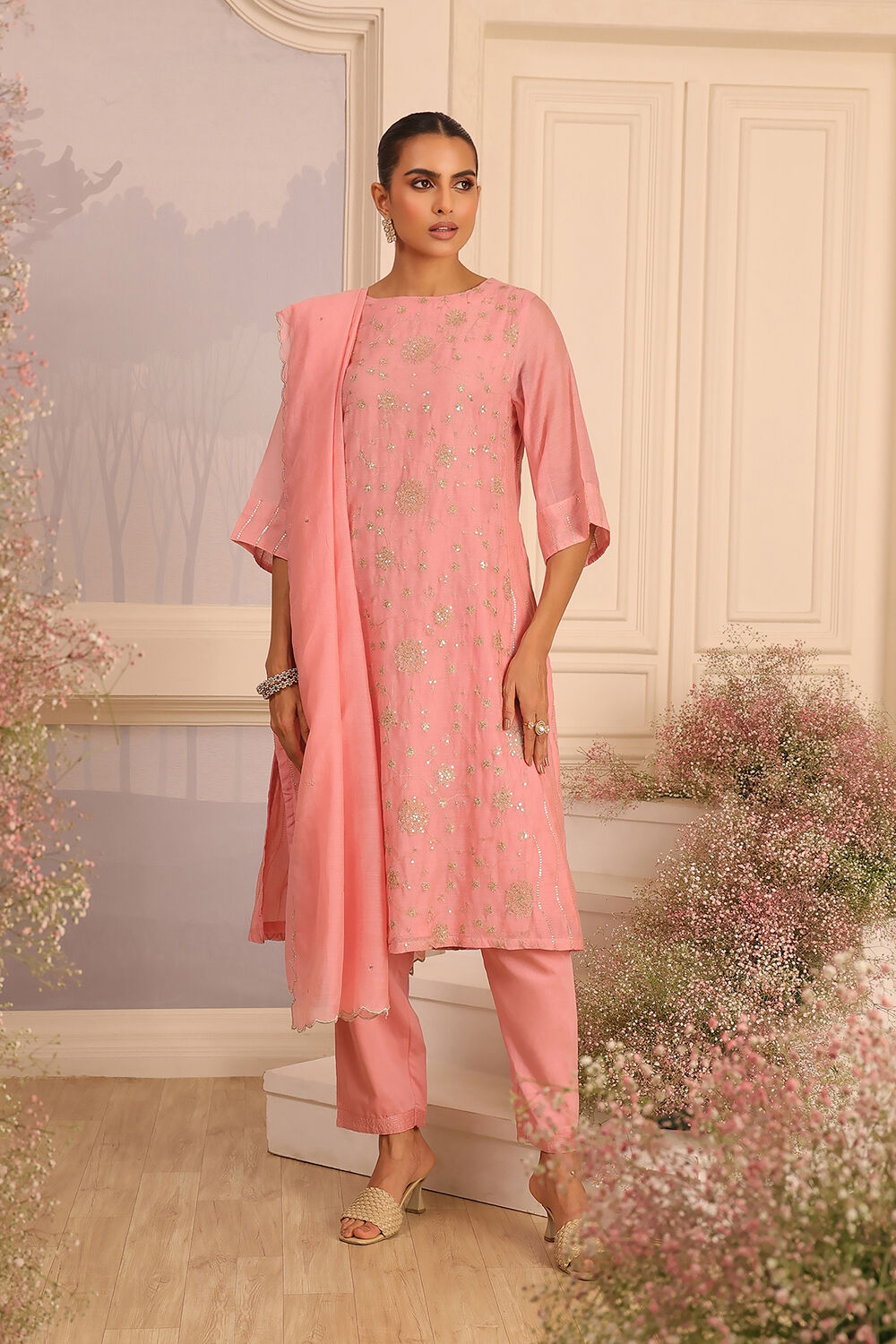 Pink Silk Embroidered Straight Suit Set image number 2