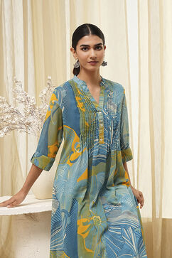 Blue Printed Pleated A-Line Kurta image number 6